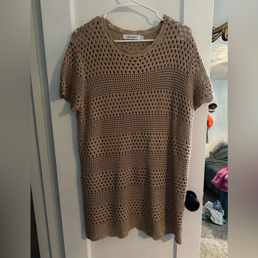 Tan Open-Knit Swim Coverup